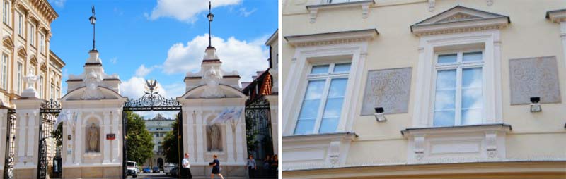 (사진 왼쪽) 바르샤바 대학교 정문. 대학 안에 쇼팽 일가가 1817년부터 10년간 살았던 카지미에시(Kazimierz) 궁전이 있다. (사진 오른쪽) 바르샤바 대학교 길 건너에 있는 찹스키(Czapski) 궁전도 1827~30년 사이에 쇼팽이 살았던 곳이다.  ©Polish Tourism Organisation